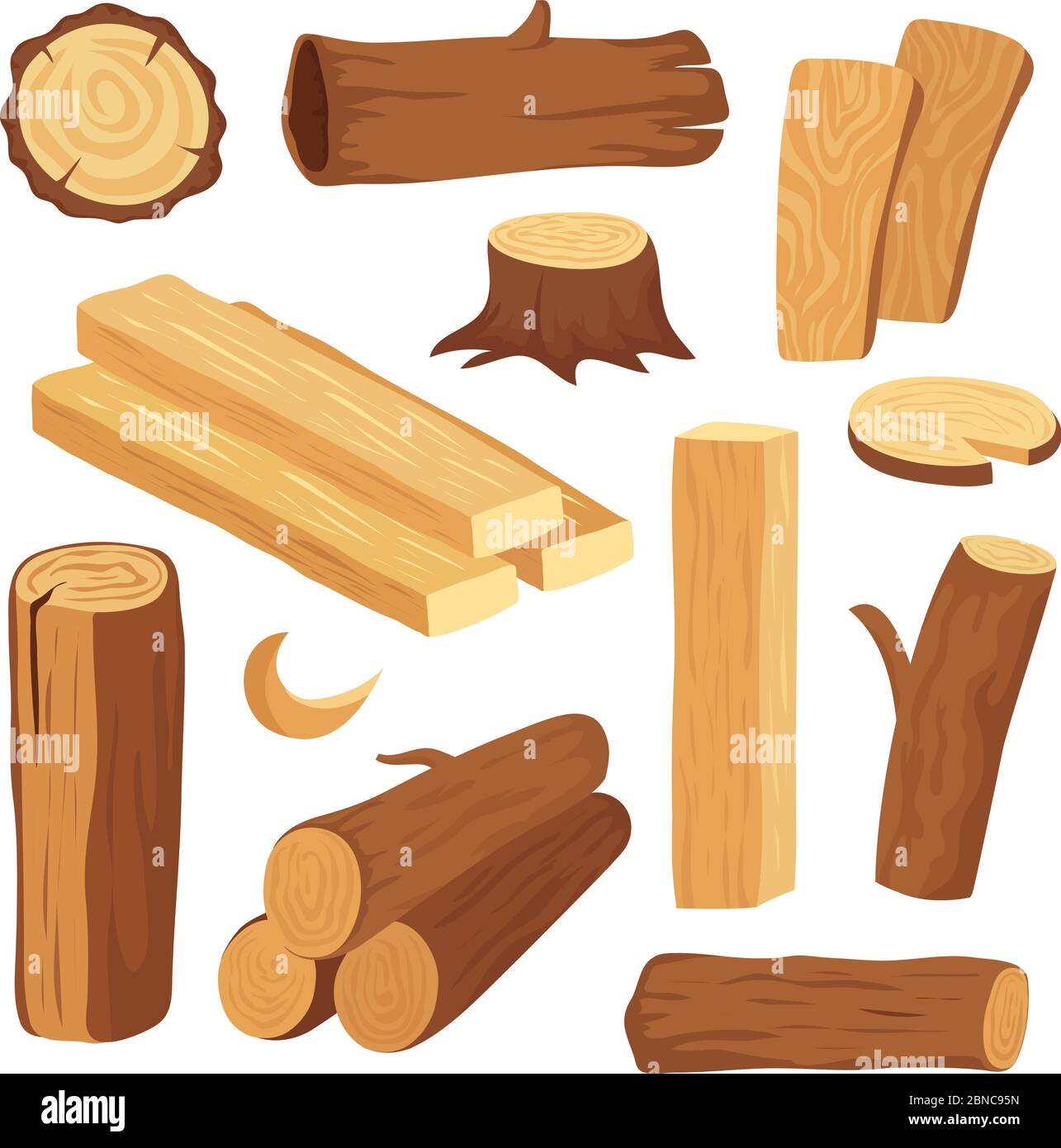 Cartoon timber. Wood log and trunk, stump and plank. Wooden firewood logs. Hardwoods construction materials vector isolated set. Illustration of firewood and timber natural Stock Vector