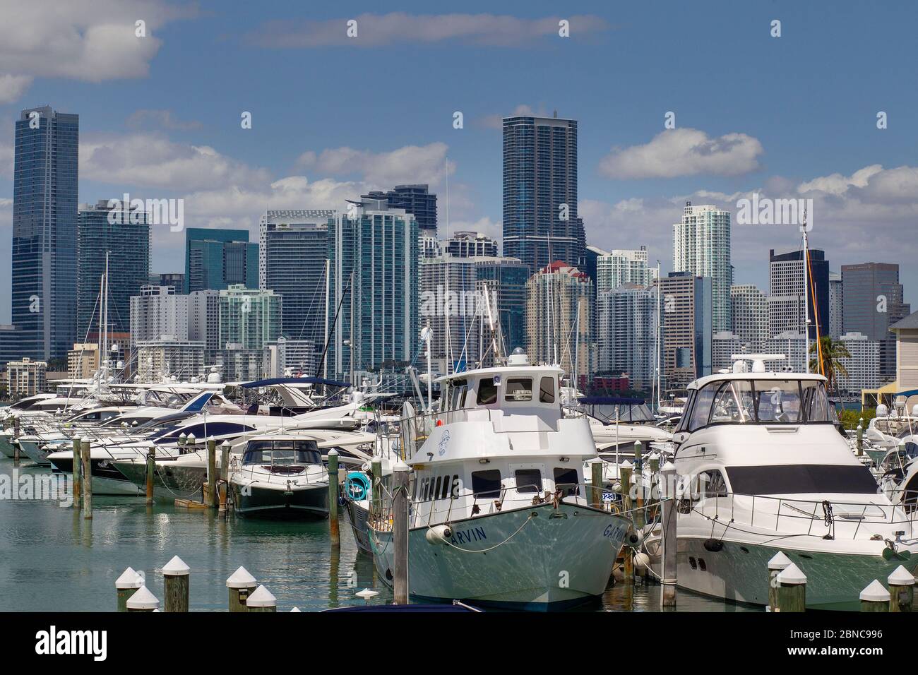 Rickenbaker Marina on Key Biscayne Florida with the downtown Miami skyline. Stock Photo