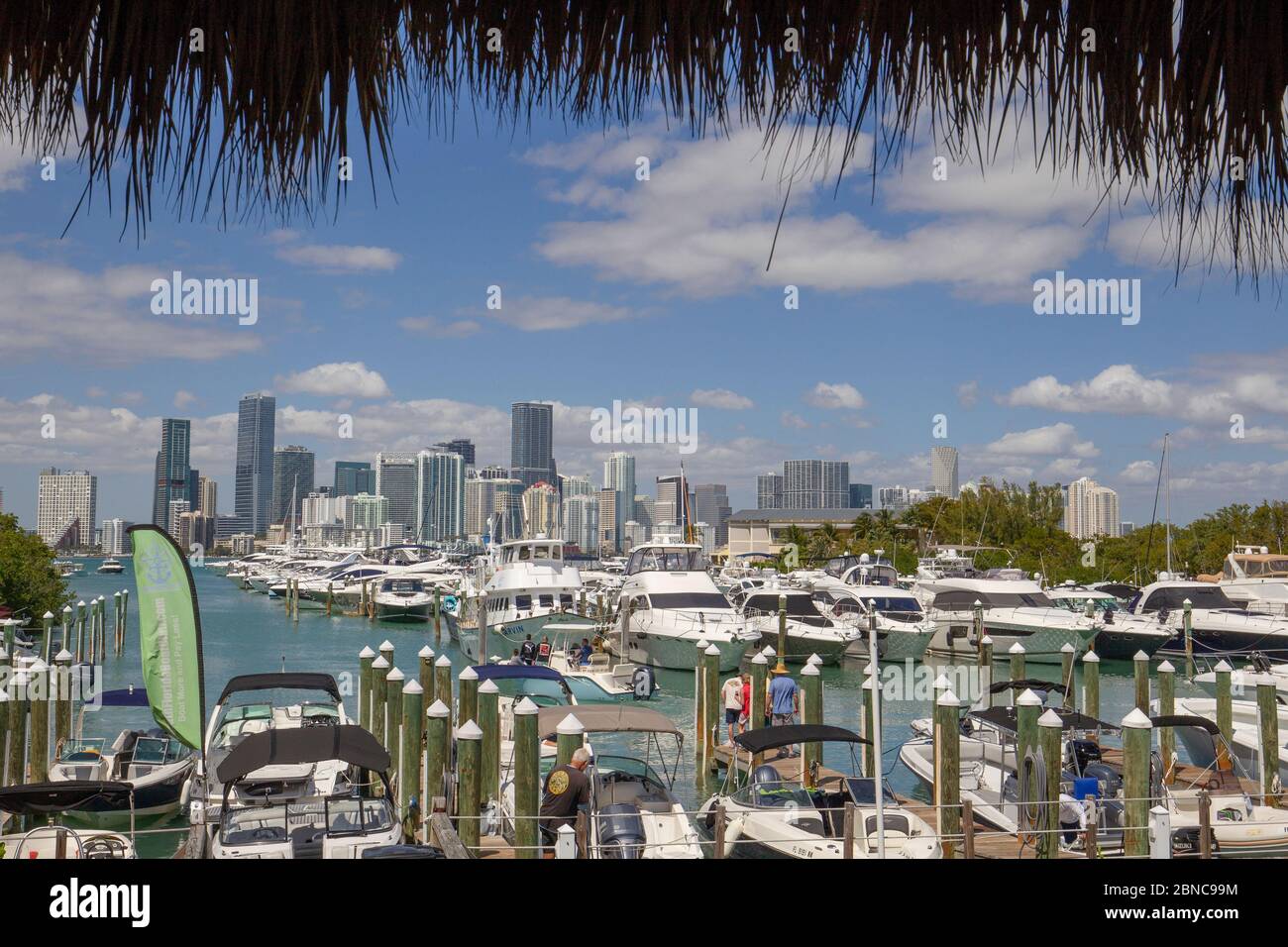 Rickenbaker Marina on Key Biscayne Florida with the downtown Miami skyline. Stock Photo