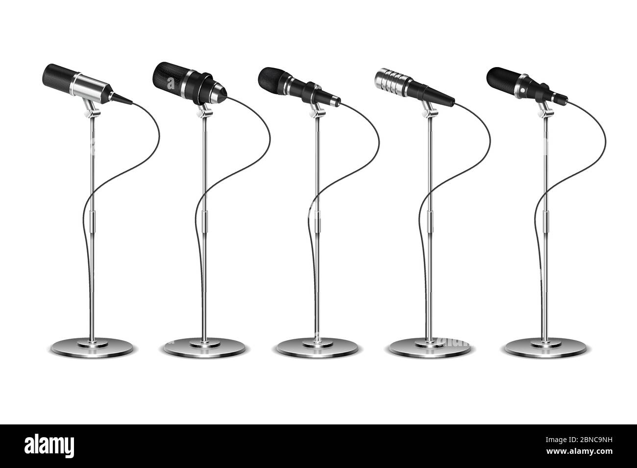 Microphones. Voice amplification audio equipment. Broadcast, concert and interview microphone on stand. Isolated vector set. Illustration of mic for speech, microphone record Stock Vector