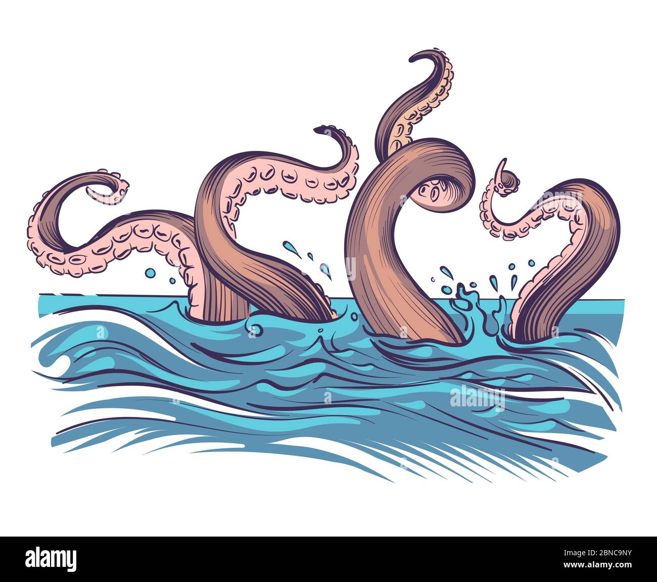 Octopus tentacle in sea. Underwater ocean invertebrate monster. Cartoon japanese squid cuttlefish vector illustration. Octopus underwater, squid invertebrate monster Stock Vector