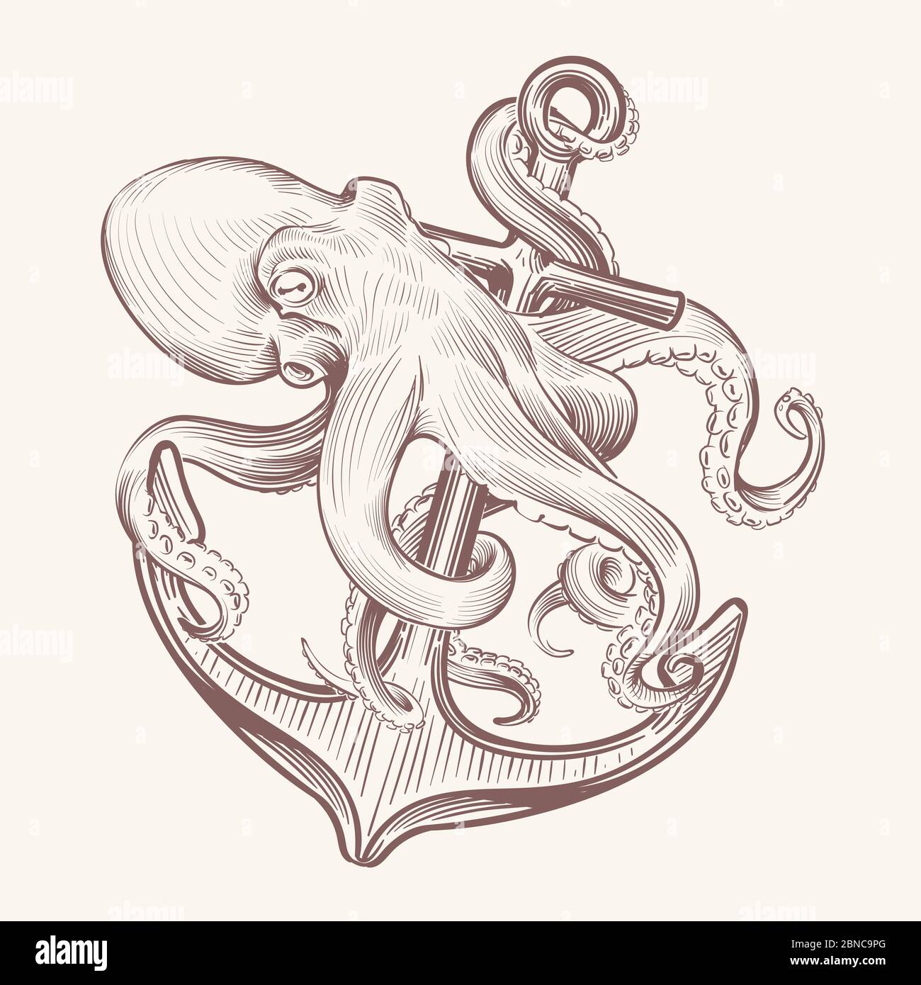 Octopus with anchor. Sketch sea kraken squid holding ship anchor. Octopus navy tattoo vector vintage design. Illustration of octopus and anchor, mythical animal and hook Stock Vector