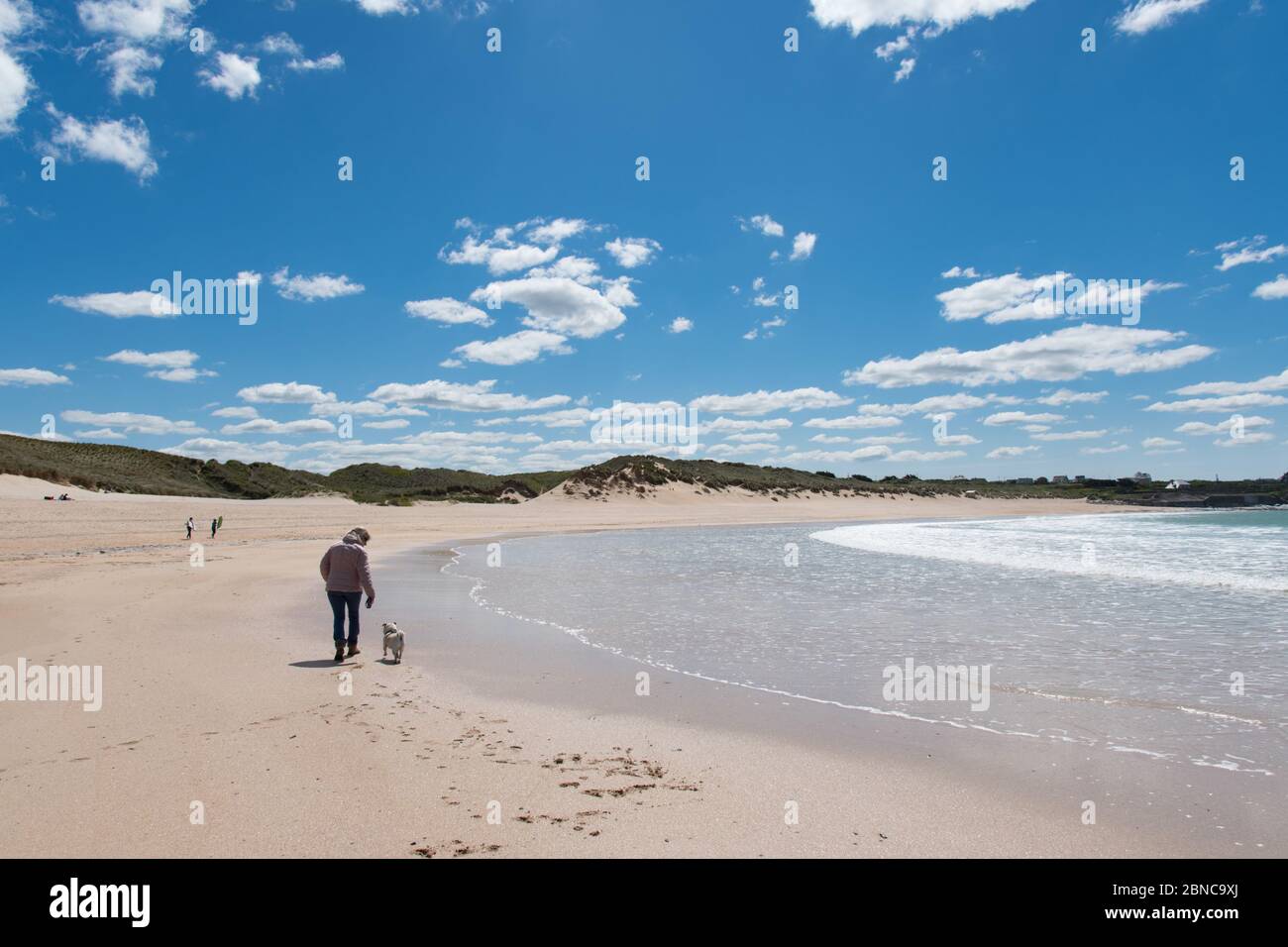 Constantine Bay, near Padstow, Cornwall, UK. 14th May 2020. UK Weather. The beaches near Padstow were quiet for a second day after relaxation of the lock down rules.  Sunshine, blue skies and white clouds greeted the locals out walking.  Credit CWPIX / Alamy Live News. Stock Photo