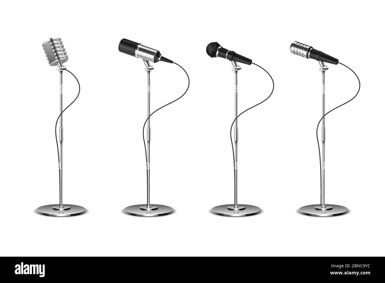 Microphone set. Standing microphones audio equipment. Concept and