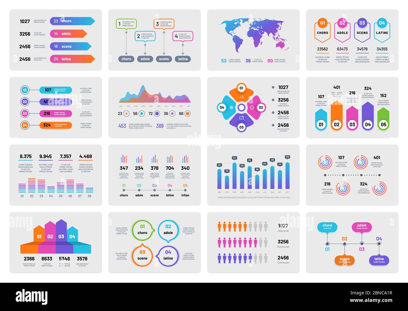 Business presentation charts. Financial report with graphs diagrams, marketing flowcharts progress bar. Vector infographics template. Illustration of infographic business, diagram and map world Stock Vector