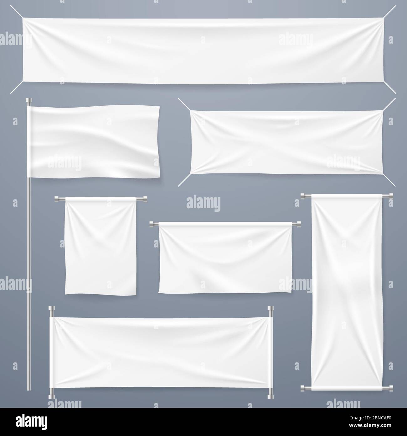 Textile banners. White blank cloth horizontal, vertical banners and flag. Fabric advertising ribbons and posters vector template. White textile sheet, material canvas hanging illustration Stock Vector