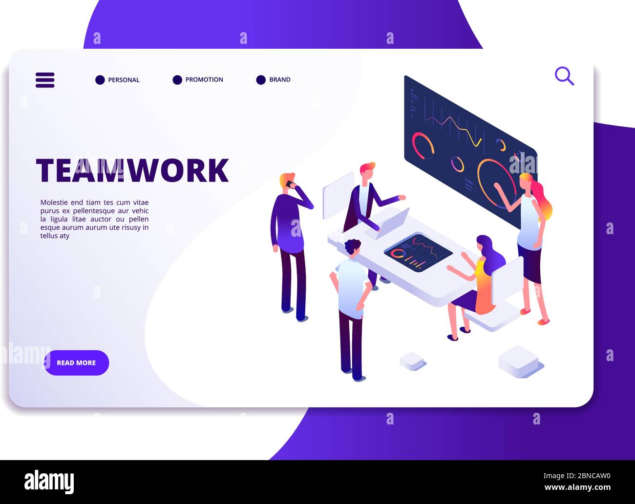 Teamwork isometric landing page. Cartoon business people working at office desk with computers. Business workspace vector concept. Illustration of teamwork page and 3d team characters Stock Vector