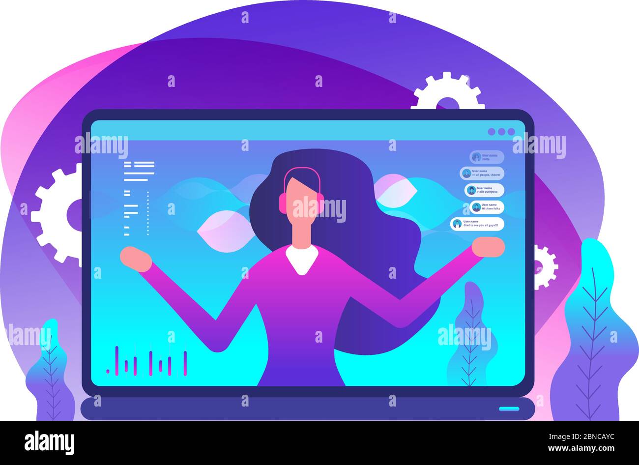 Online assistant. Internet technical support, chat with virtual agent. Hotline with supporter vector concept. Illustration of online operator, assistant consultant on laptop Stock Vector