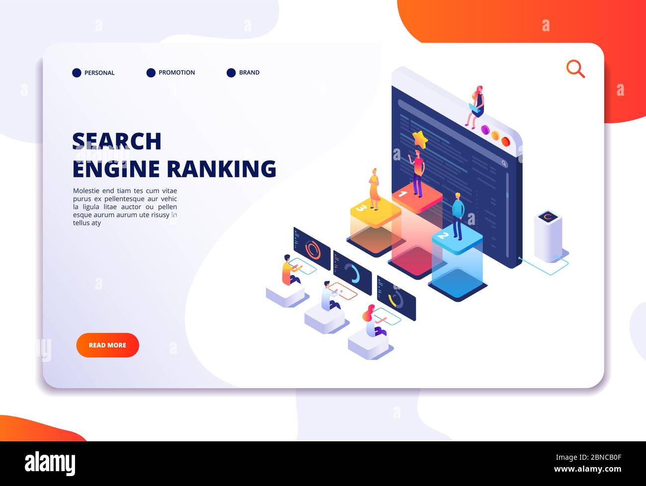 Search engine rank isometric landing page. Seo marketing and analytics, online ranking result. 4ir 3d vector concept. Illustration of seo optimization, isometric of web internet Stock Vector