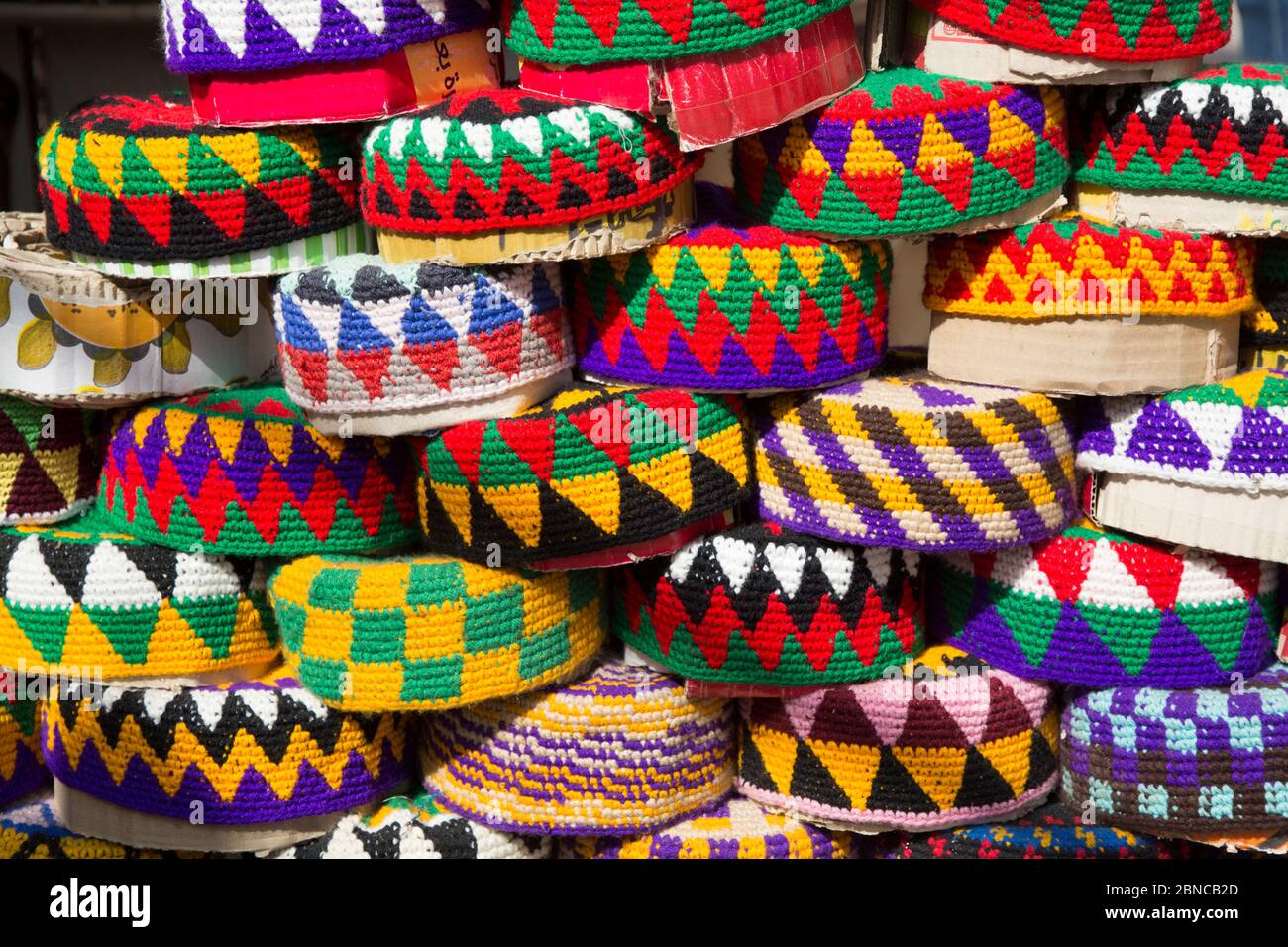 Hats for Sale, Sharia el Souk (Bazaar), Aswan, Cairo Stock Photo