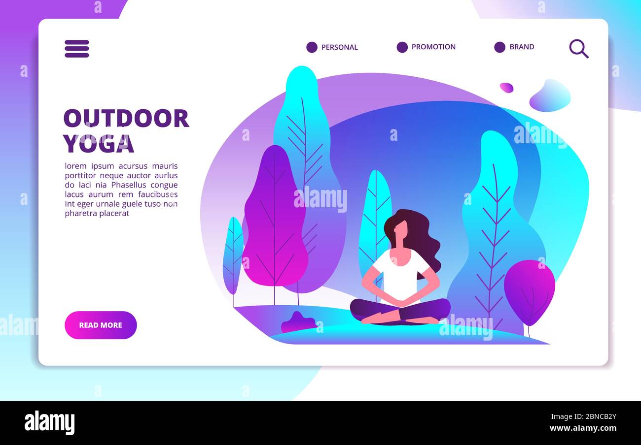 Yoga landing page. Woman doing fitness workout. Healthy life and meditation in forest. Web flat design template. Illustration of woman meditation yoga concentration, banner web page Stock Vector