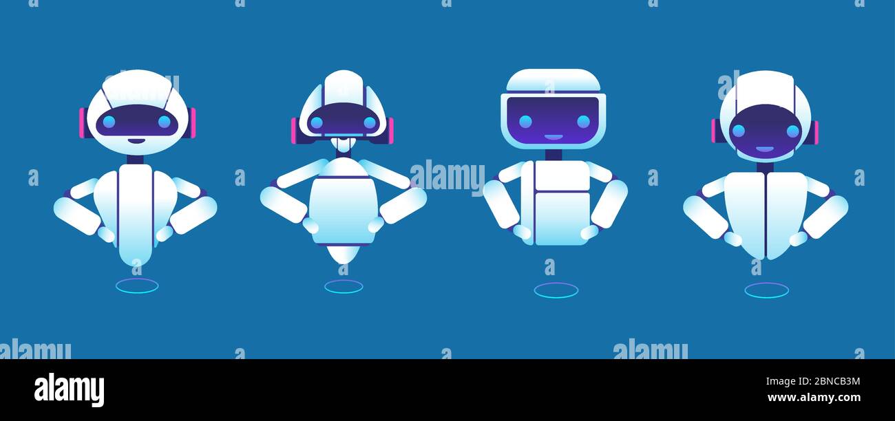 Cute chatbots. Robot assistant, chatter bot, helper chatbot vector cartoon characters. Illustration of robot and chatterbot, chatbot assistant Stock Vector