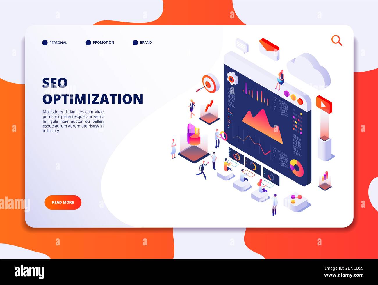 Seo optimization. Ecommerce, internet marketing and online platform isometric 3d concept. Landing web page vector template. Seo optimization and marketing online isometric illustration Stock Vector