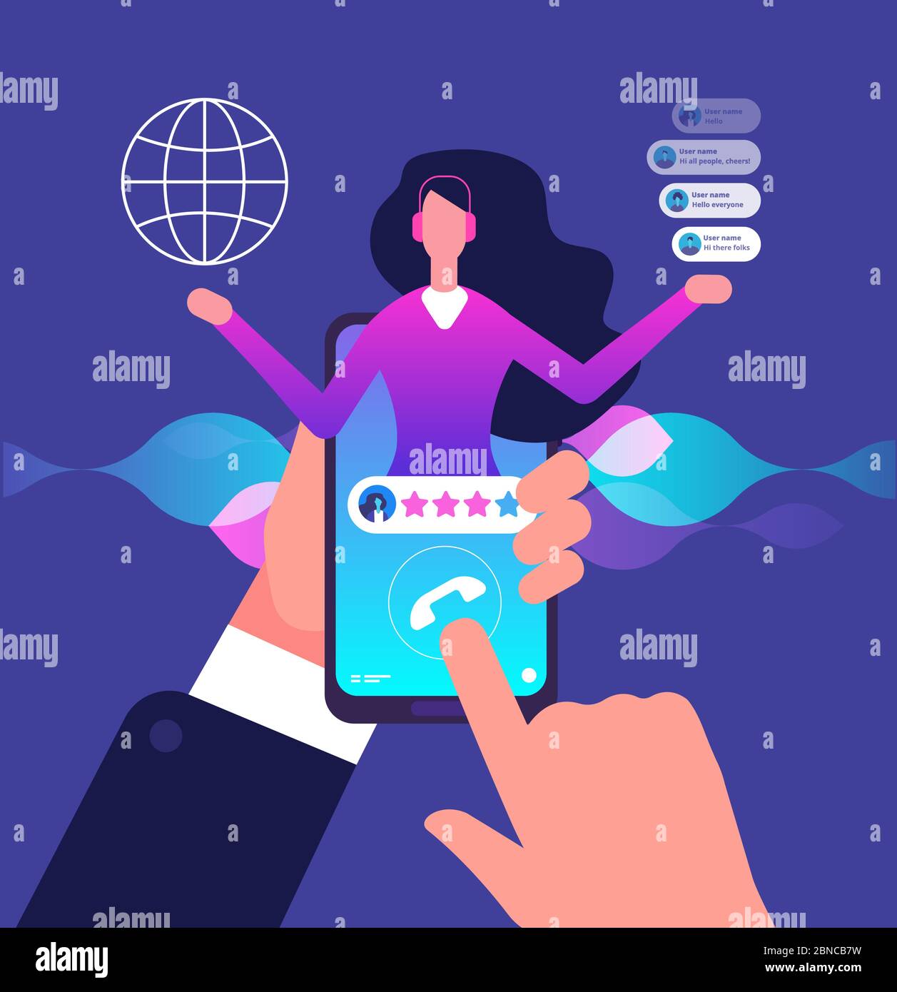 Assistant app. Hotline customer service. Internet adviser talk to client. Virtual support and mobile assistance vector concept. Assistant help service, online operator or consultant phone illustration Stock Vector