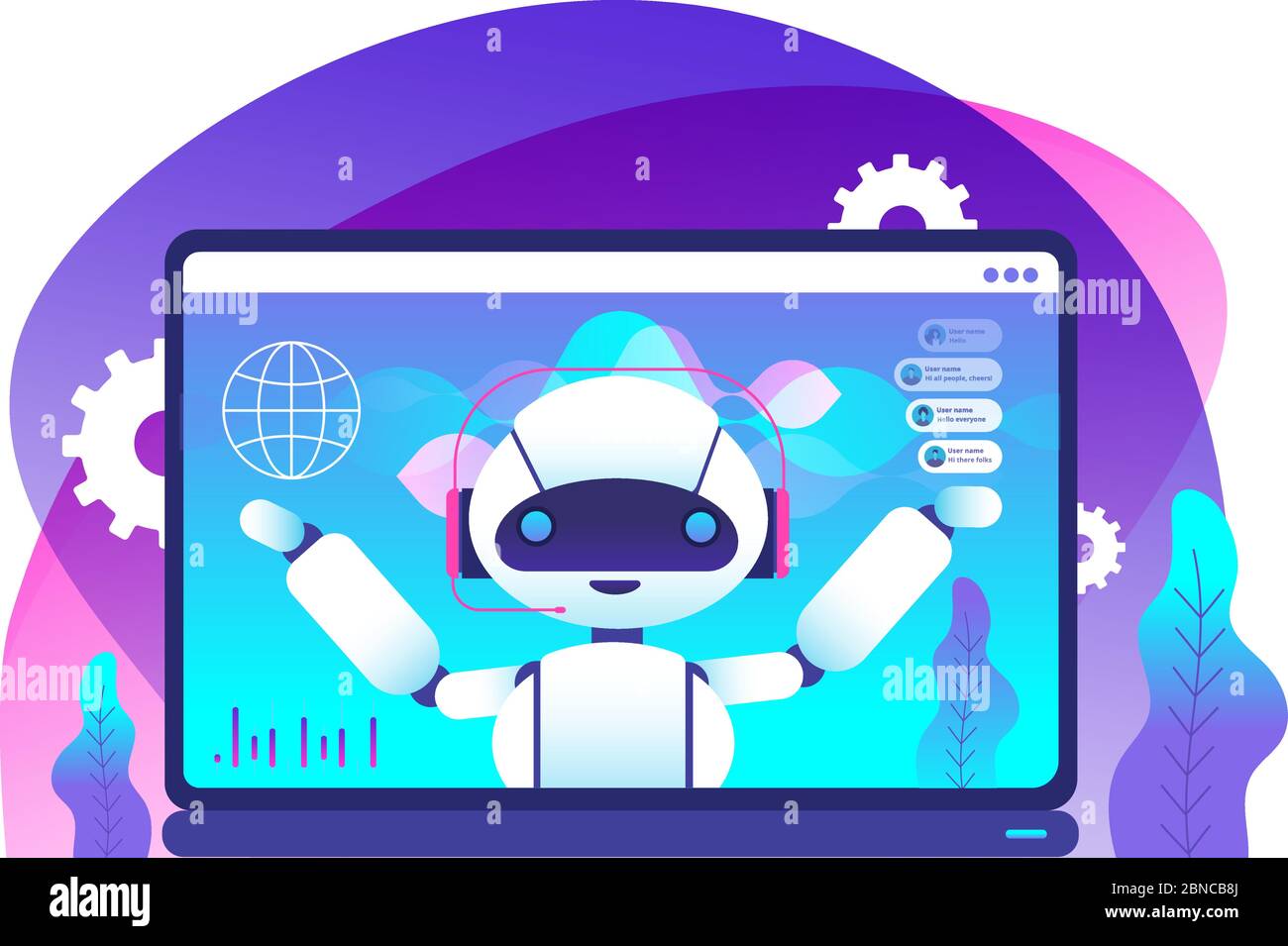 Chatbot concept. Ai robot advices clients. Hotline customer service. Virtual support and mobile assistance vector background. Illustration of robot ai support, virtual hotline Stock Vector