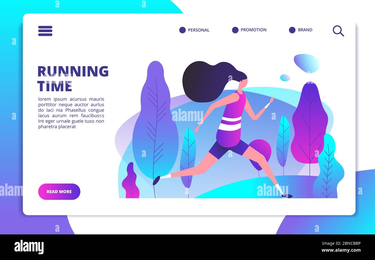 Fitness landing page. Sporty girl running in summer park. Healthy people workout outdoor. Sport lifestyle and training vector concept. Illustration of runner girl page, run sport at park Stock Vector