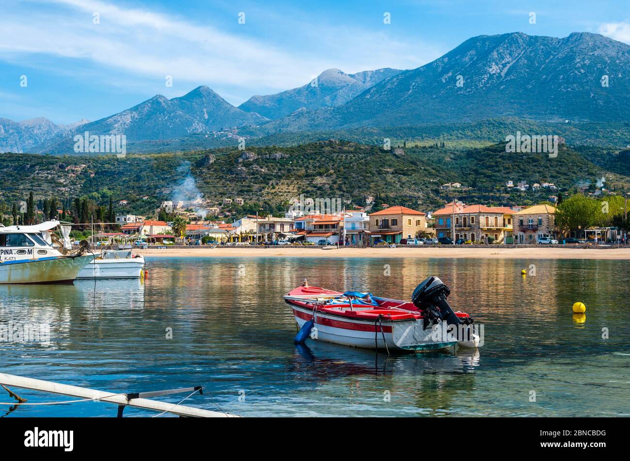 Stoupa is a seaside village of Mani,located along two bays with sandy beaches. Stock Photo