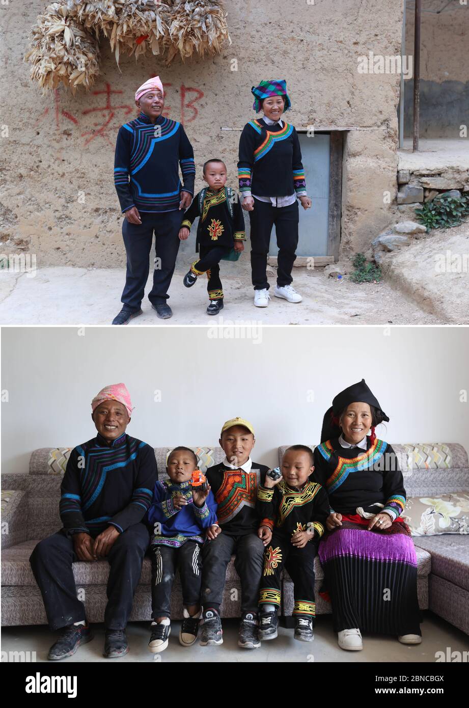 Zhaojue, China's Sichuan Province. 13th May, 2020. Combo photo shows Mou'se Achang and his wife Ale Quzuo with one of their kids posing for a photo in front of their house before departure at Atulieer village in Zhaojue County on May 13, 2020 (up) and the couple with their kids posing for photo at their new home at a newly-built community for poverty alleviation relocation in Zhaojue County, southwest China's Sichuan Province, May 13, 2020. TO GO WITH:'China Focus: Relocated villagers leave poverty on clifftop' Credit: Jiang Hongjing/Xinhua/Alamy Live News Stock Photo