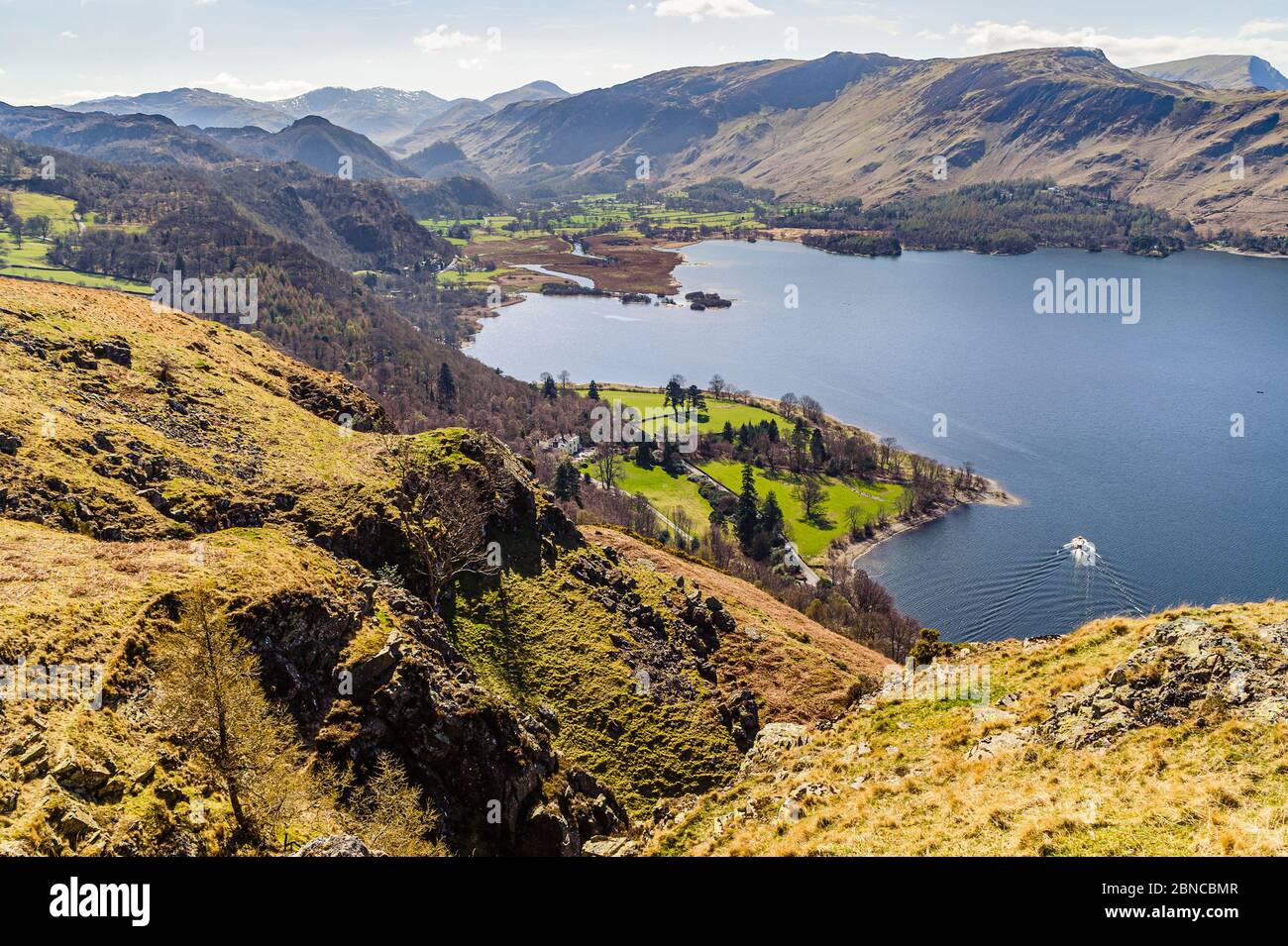 Looking over Derwent Water and Borrowdale from above Falcon Crag in the English Lake District Stock Photo