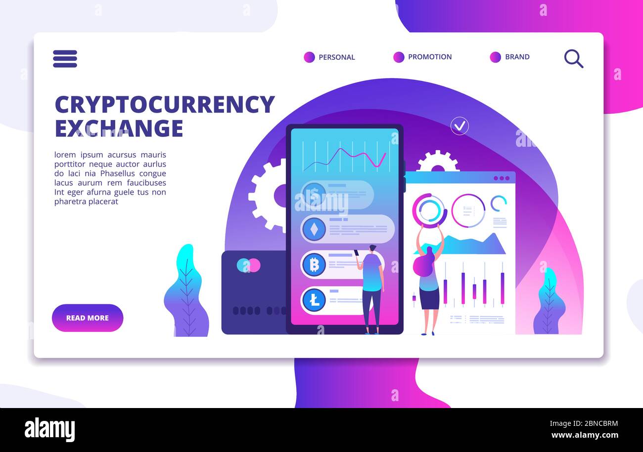 Cryptocurrency exchange landing page. Online crypto payment. Business marketplace web vector design. Crypto currency market, exchange litecoin and bitcoin illustration Stock Vector