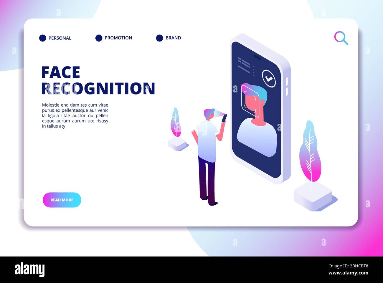 Face recognition isometric concept. Id verification smartphone scanner. Personal identify, face authentic reader vector landing page. Illustration of smartphone scanning face and recognition Stock Vector