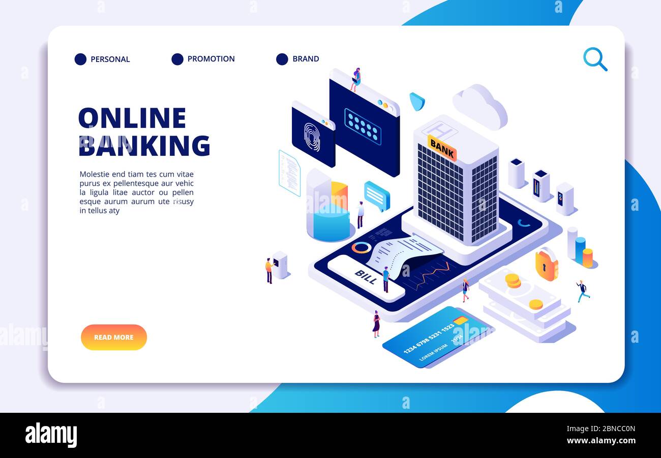 Online banking isometric landing page. Internet money transfers, secure payment smartphone paying protection. Banking vector concept. Illustration of banking payment isometric, online pay smartphone Stock Vector
