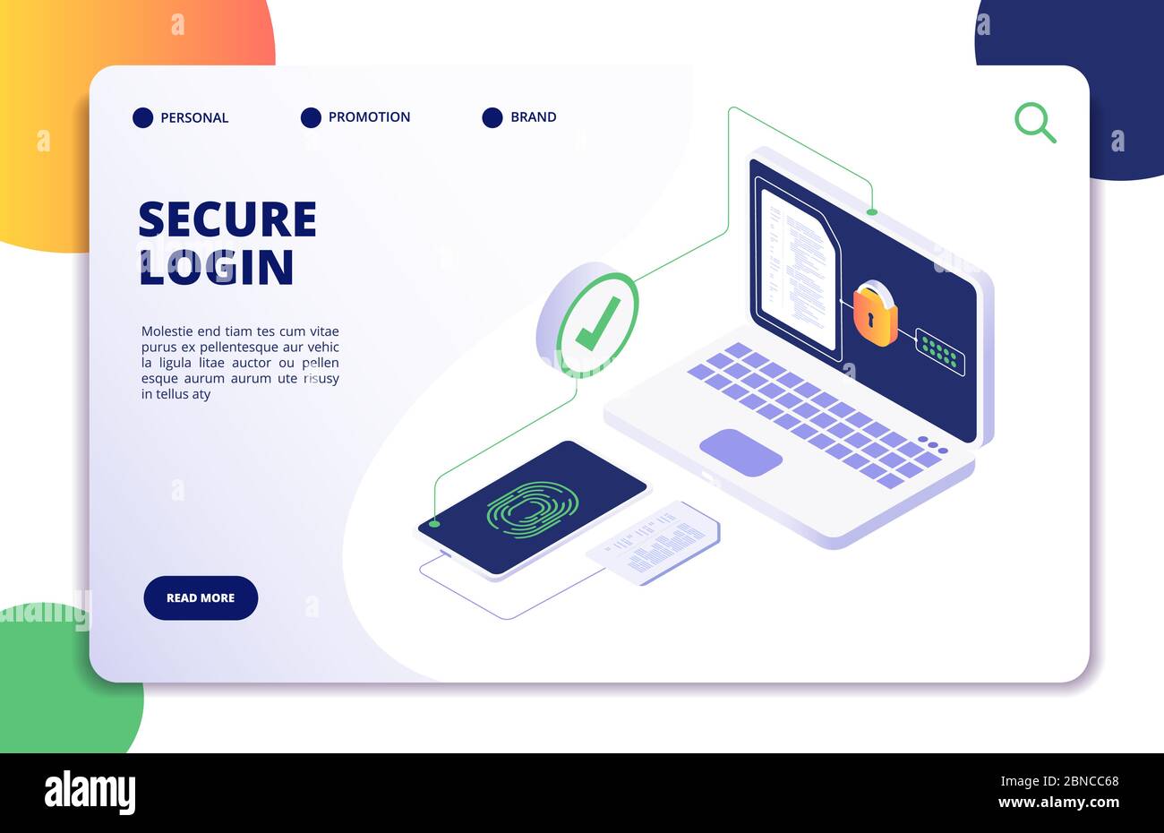 Authentication isometric concept. Password, login authorization fingerprint access. Data safe and protection landing vector page. Illustration of login verification approvement, authorize Stock Vector
