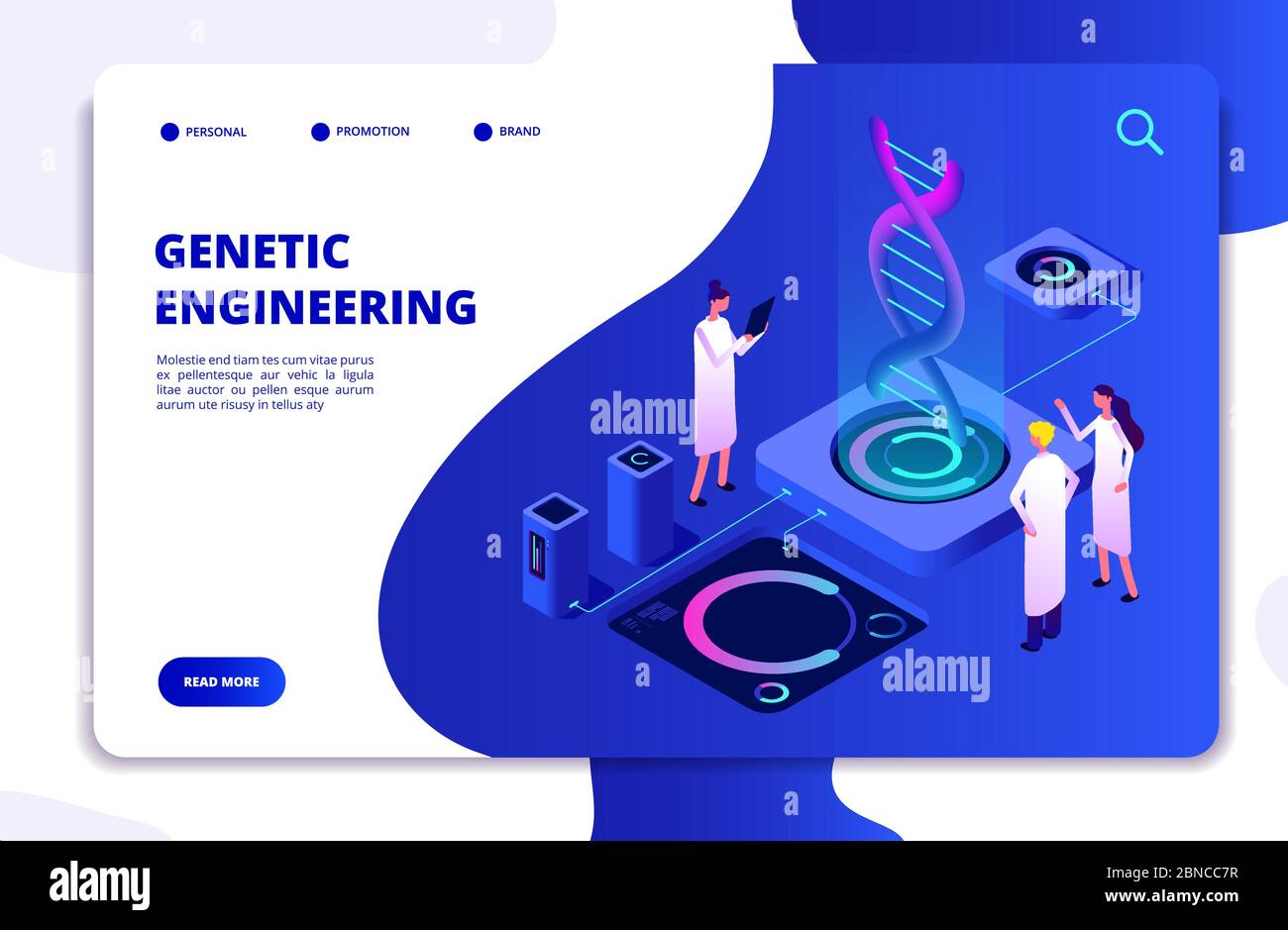 Genetic concept. DNA nanotechnology biochemistry and human genome DNA engineering. Molecular biology 3d vector landing page. Engineering genetic, genome structure chromosome isometry illustration Stock Vector
