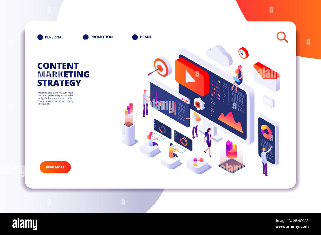 Content marketing landing page. Contents creation specialist and article writers. Writing service isometric concept. Illustration of article write copywriting for website Stock Vector
