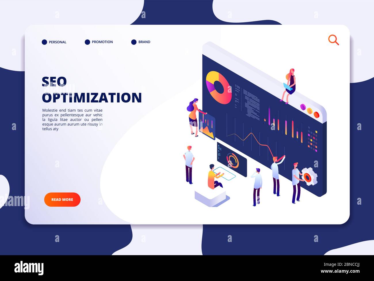 Isometric seo concept. Search engine optimization, media marketing and web business tools. Seo service landing vector website page. Illustration of seo optimization and development, data analysis Stock Vector