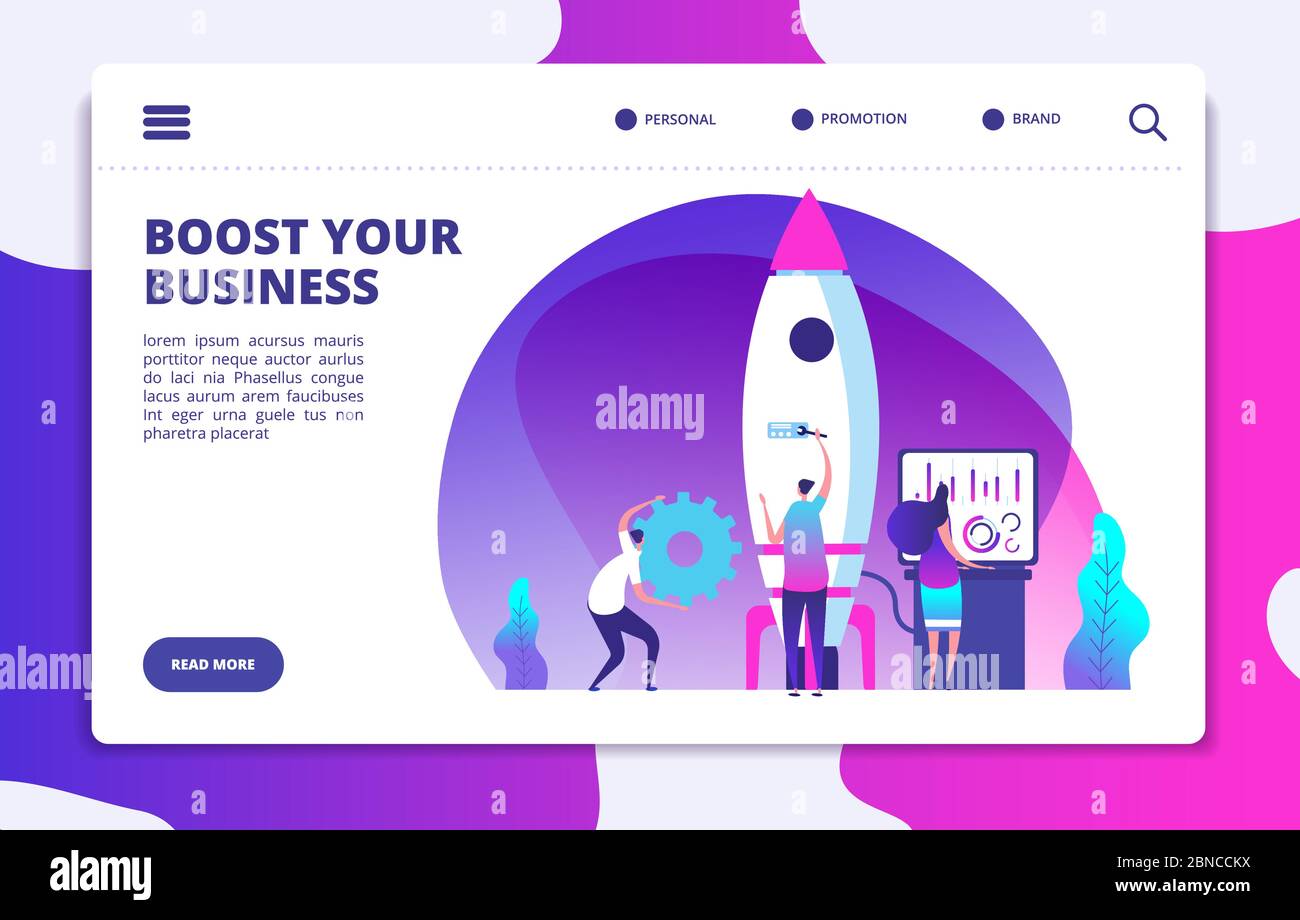 Startup website landing page. People launching rocket. Boost business easy. Customized vector concept. Rocket startup, launch and boost business illustration Stock Vector