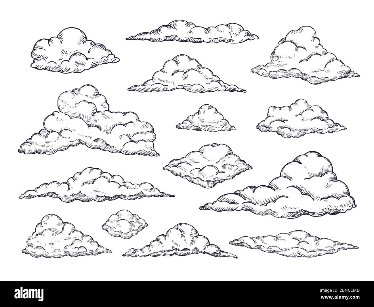 Sketch clouds. Hand drawn sky cloudscape. Outline sketching cloud vintage vector collection. Illustration of cloud shape of collection Stock Vector
