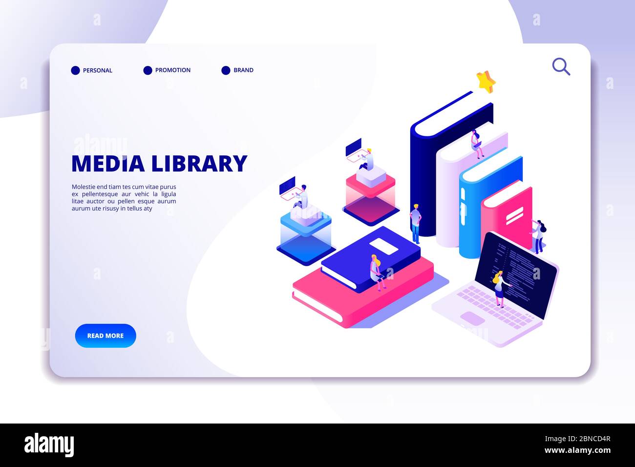 Online library landing page. Students in bibliotheque, academic books. Ebook reading technology education vector isometric concept. Media education library isometric illustration Stock Vector