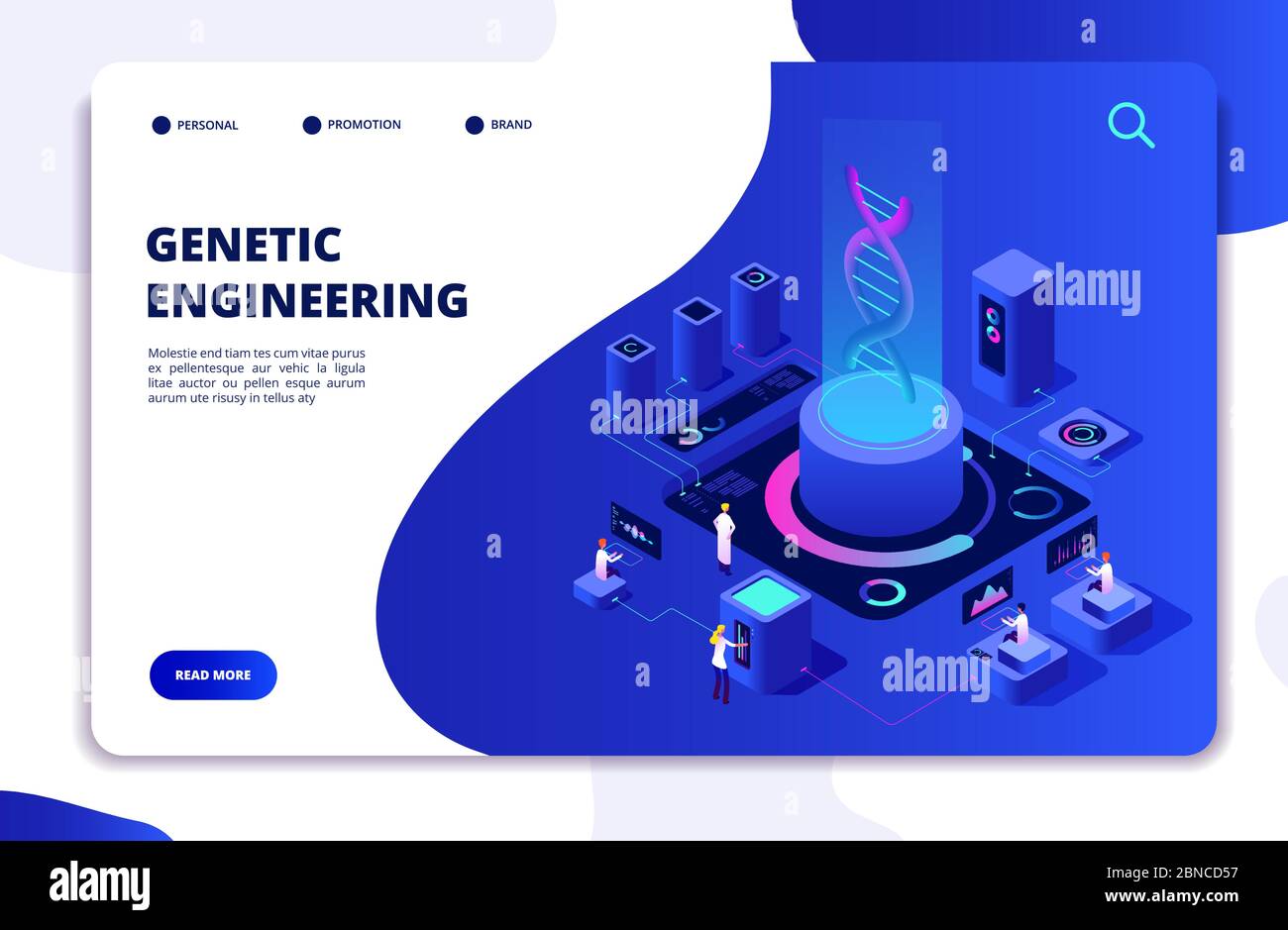 DNA isometric concept. Genetic engineering lab with people scientists. Doctors researching cells. DNA gene therapy vector landing page. Genetic dna lab, medicine biology illustration Stock Vector