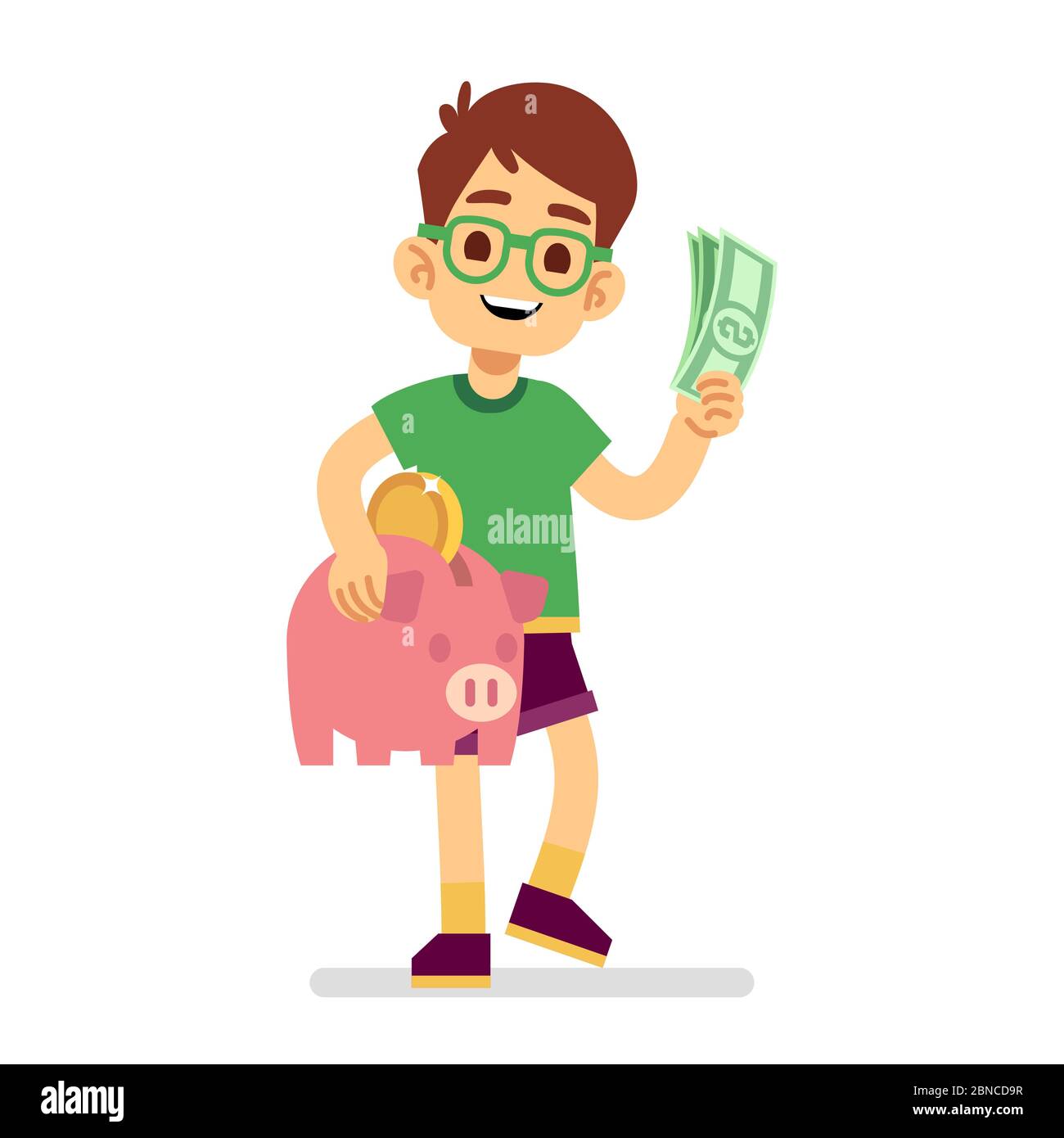 Boy saves money with piggy bank vector illustration. Piggy money, boy with cash Stock Vector