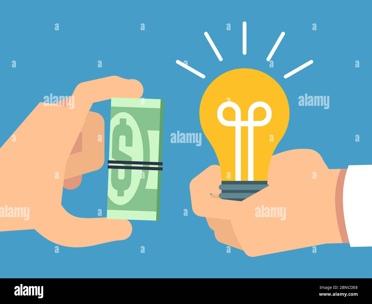 Selling ideas for money, creative thinking and money flat vector illustration. Business idea sell, light bulb project Stock Vector