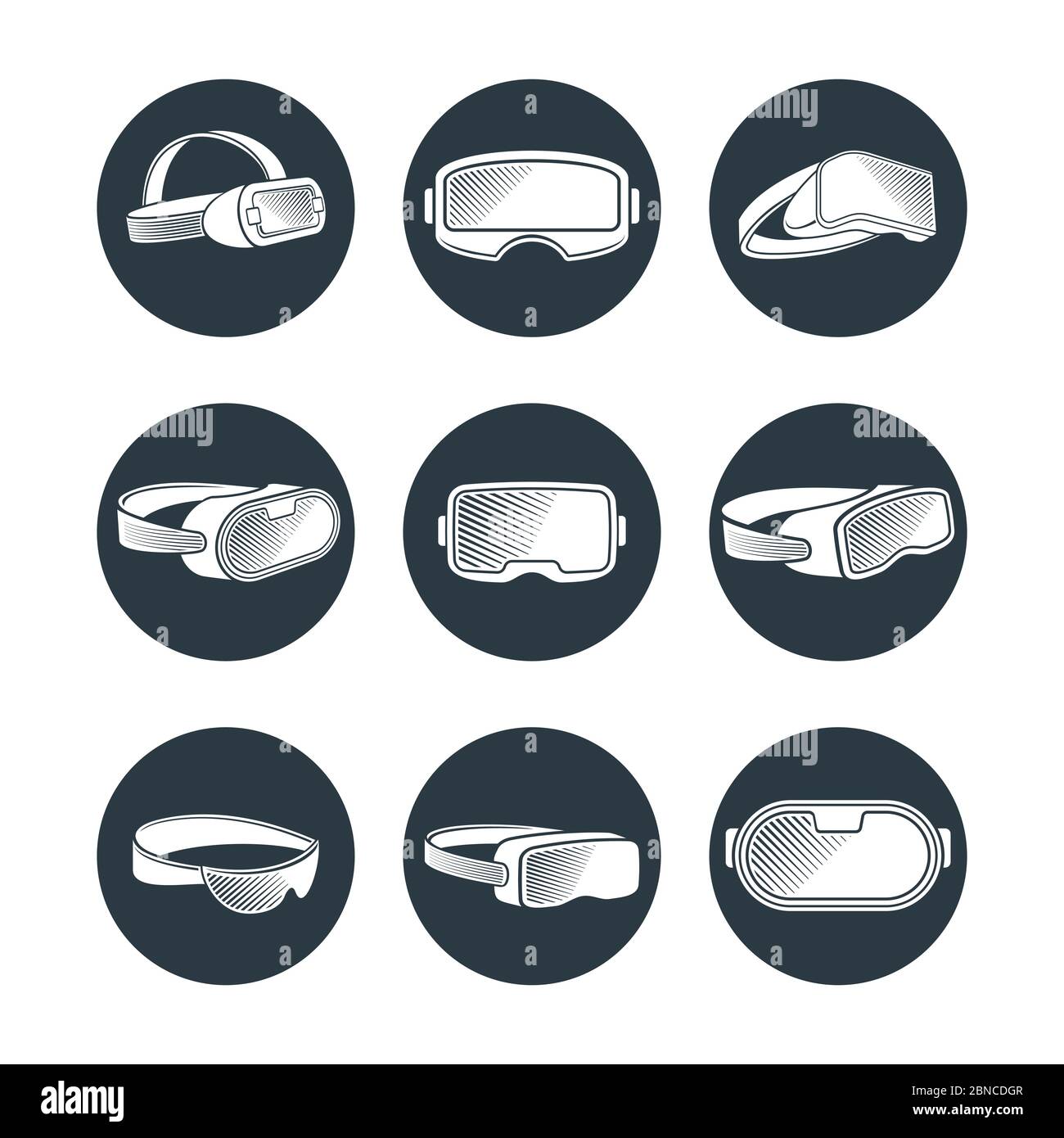 Virtual reality glasses and helmets vector icons set. Illustration of vr device, virtual helmet for cyberspace game Stock Vector