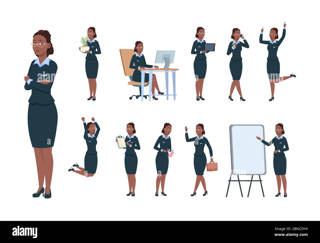 Business woman character. Afro-american office professional worker female in different poses of activity. Cartoon secretary vector set. Illustration of woman professional, businesswoman jump Stock Vector