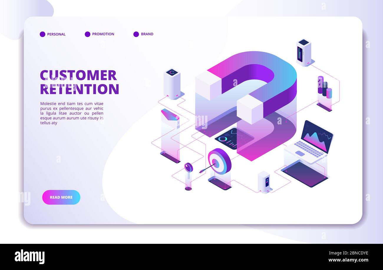 Customer retention isometric landing page. Client loyalty sale branding marketing, relationship. Attractive business vector concept. Illustration of customer retention service, marketing management Stock Vector