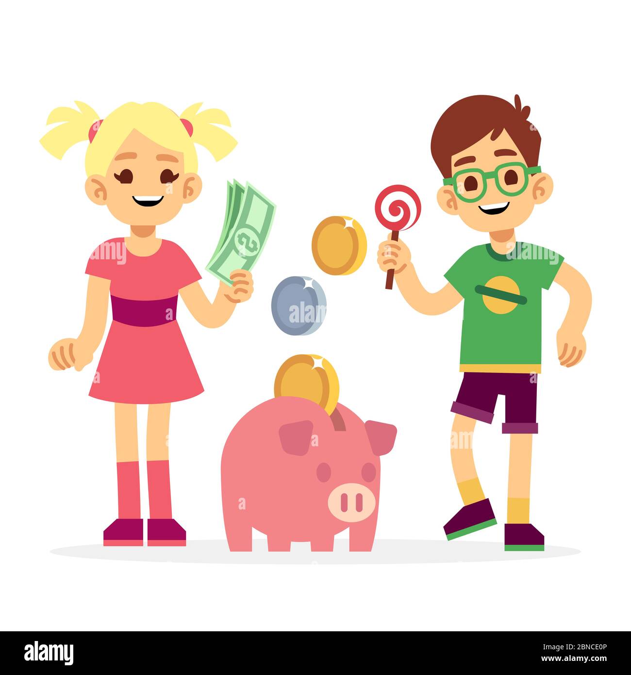 Financial literacy of children concept. Kids saving money with piggy bank. Children boy and girl with moneybox illustration Stock Vector