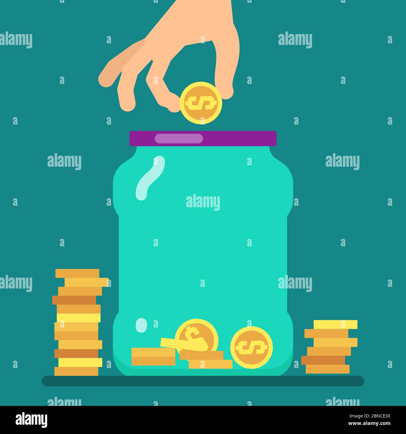 Flat money saving concept with golden coins and jar vector illustration. Illustration of save dollar in glass jar, moneybox with money Stock Vector