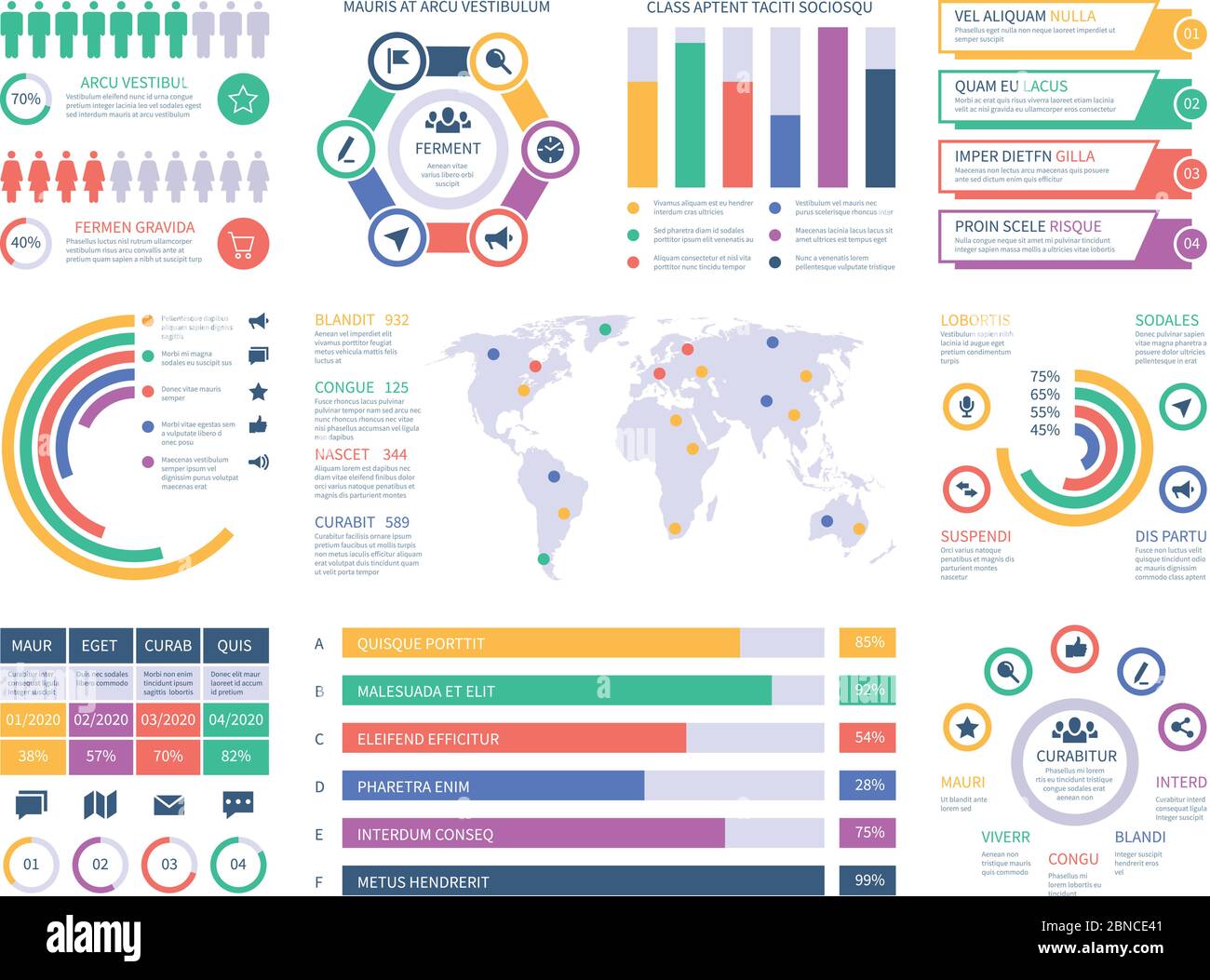 Infographic template. Financial investment graphs, column chart organization flowchart. Presentation infographics vector element. Illustration of infographic web with world map Stock Vector