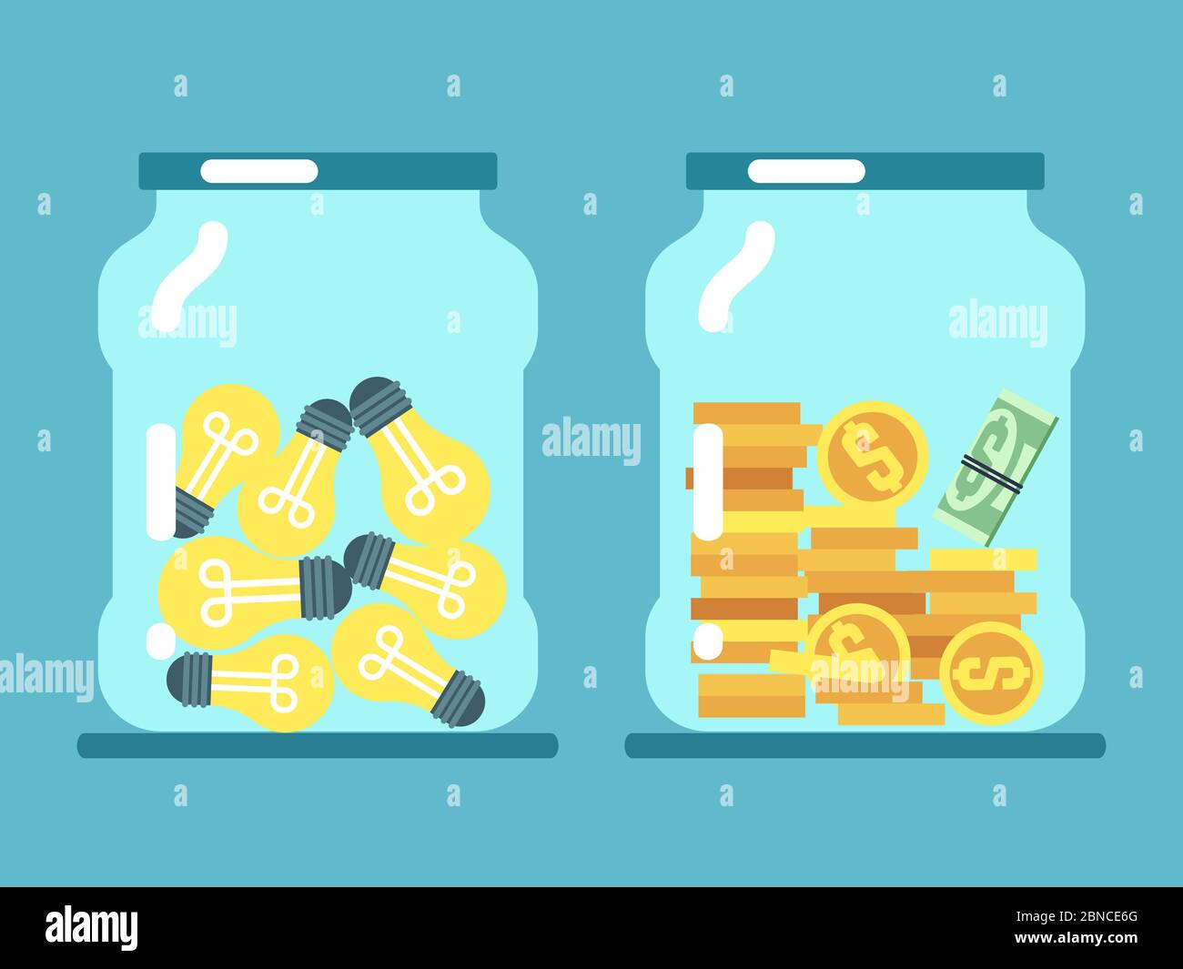 Saving money and ideas. Coins and lamps in glass jars vector illustration. Financial cash and idea in glass banks Stock Vector