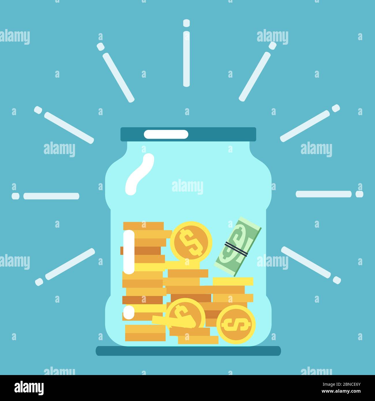 Flat money glass jar illustration. Saving money concept. Save moneybox, keep cash in glass bottle Stock Vector