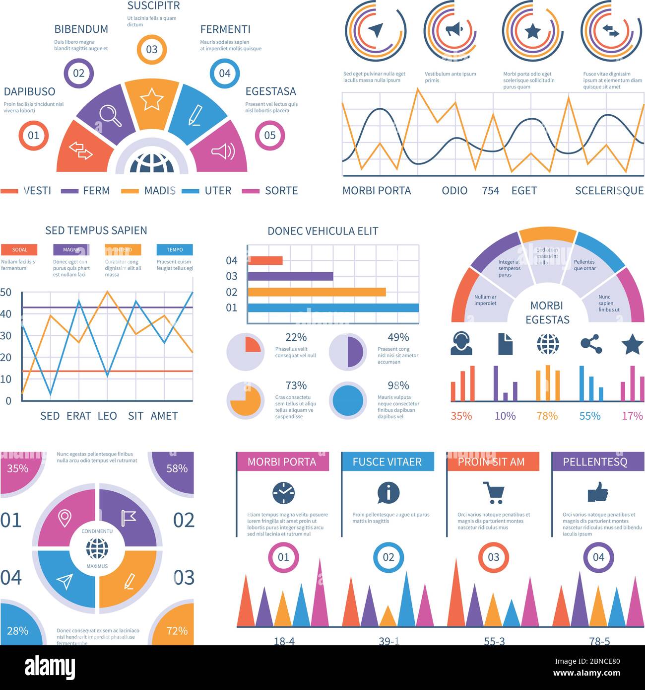 Infographic template. Dashboard, bar finance graphs, pie chart and line diagrams. Analytical vector infographics. Illustration of infographic and diagram, statistic flowchart and graph Stock Vector