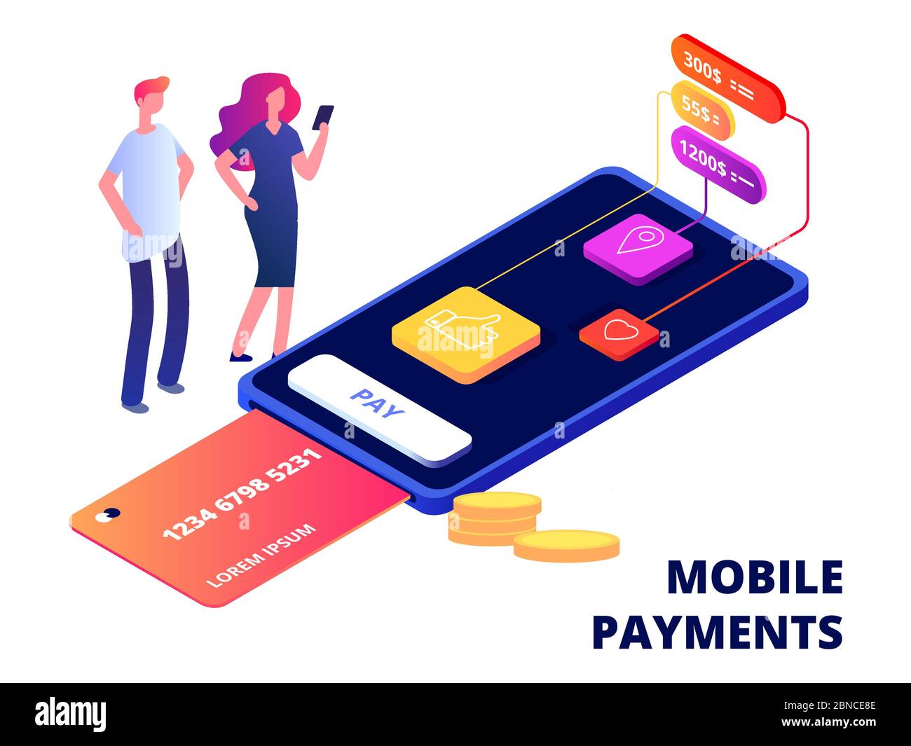 Mobile payments. Smartphone banking app, data protection and security devices vector illustration. Smartphone payment app, pay banking Stock Vector