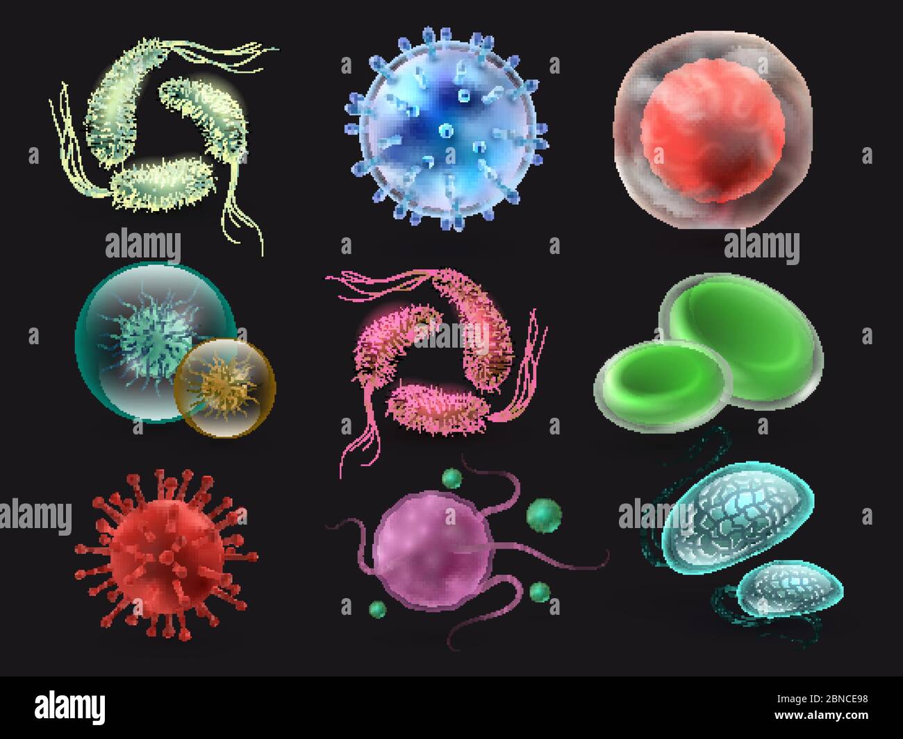 Bacteries and viruses vector set, microbiology elements isolated on black background. Collection of bacterial organism, disease microbe illustration Stock Vector