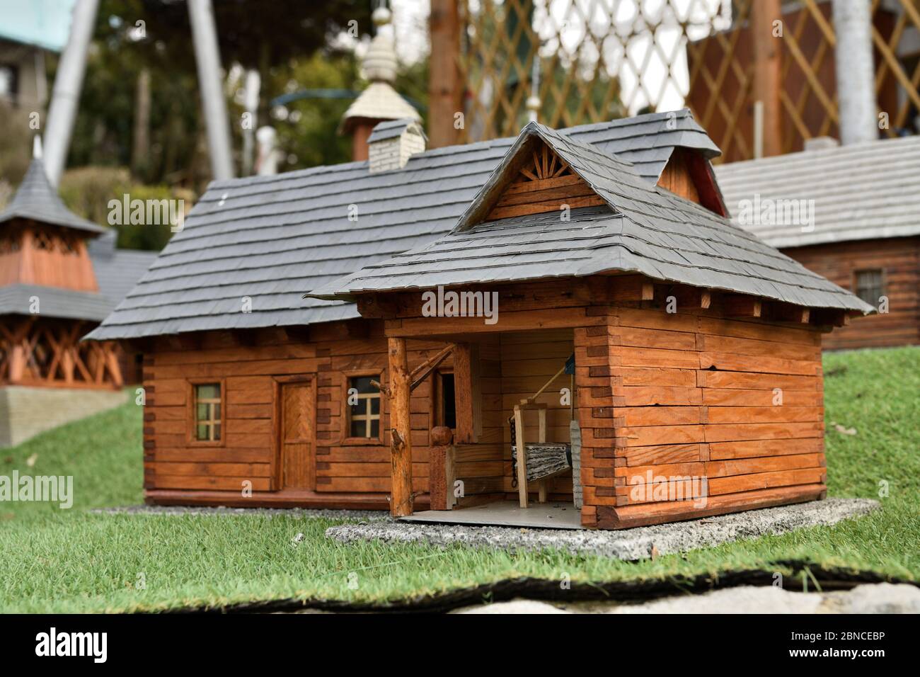 Decorative wooden houses a typical image of a Slavic village Stock