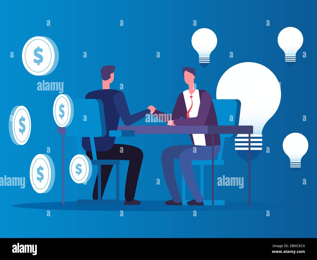 Exchange of ideas for money, businessman buys ideas vector concept. Business exchange money and lamp idea illustration Stock Vector