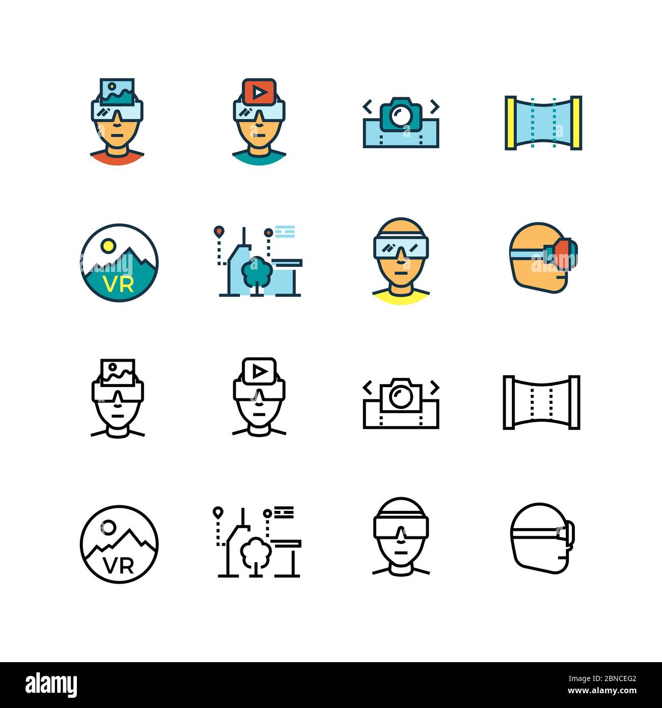 Virtual reality, virtual computer, visual communication innovation future technologies thin line icons vector set. Ilustration of virtual reality device, glasses game video Stock Vector